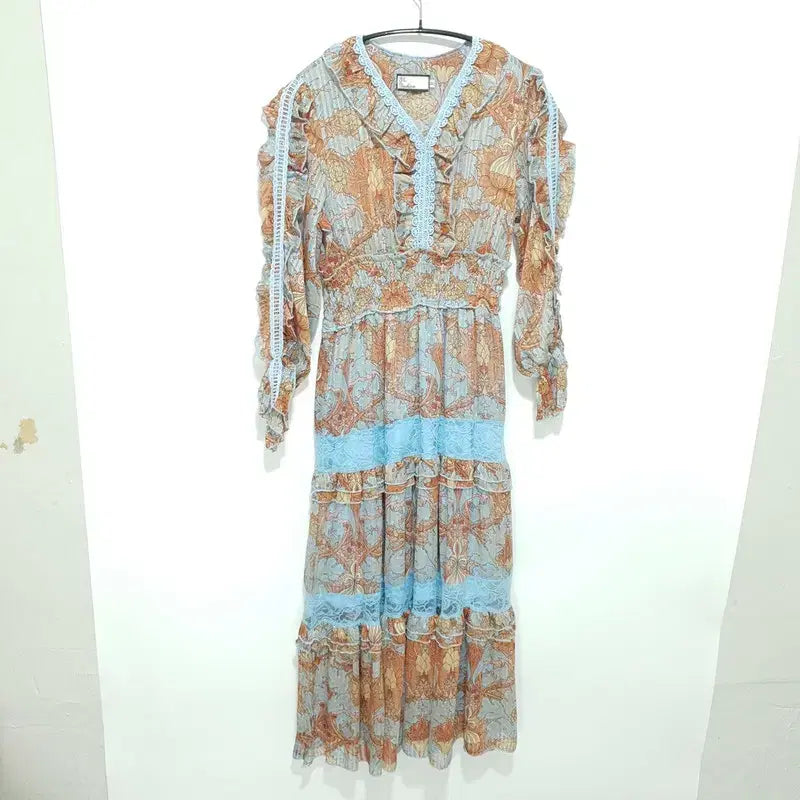 [BUNJANG] Printing Ruffle Lace Long Dress / 프린팅 러플 레이스 롱 원피스 M_M2121