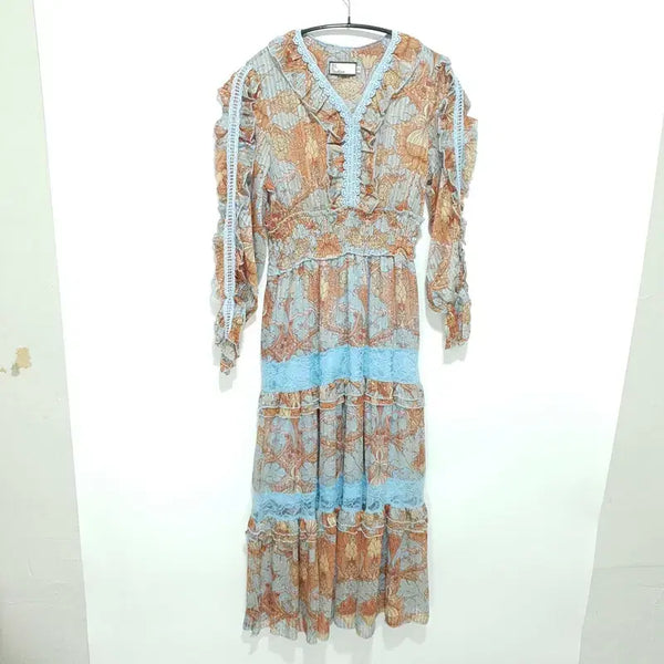 [BUNJANG] Printing Ruffle Lace Long Dress / 프린팅 러플 레이스 롱 원피스 M_M2121