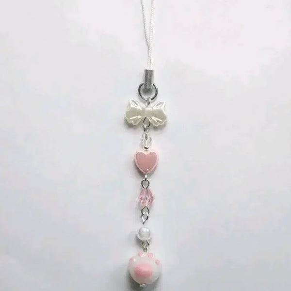 [BUNJANG] Paw Print Beaded Keychain with Pink Heart and Pearl Accents / 발바닥 비즈키링