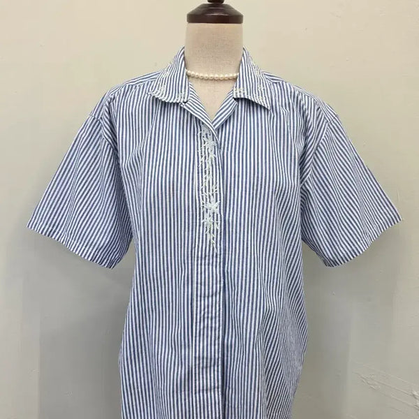 [BUNJANG] Striped Embroidered Short Sleeve Shirt / 스트라이프 자수 반팔 셔츠