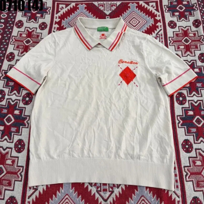 [BUNJANG] Benetton Argyle Pattern Knit Sweater Ivory / 베네통 카라 니트 아이보리