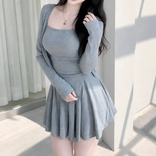 [BUNJANG] 3-Piece Set: Gray Cardigan, Camisole, and Skirt / 그레이 가디건 나시 스커트 쓰리피스 세트