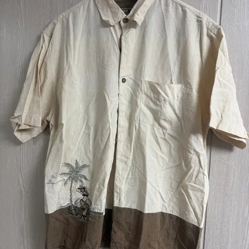 [BUNJANG] Tropical Palm Tree Embroidery Color Block Open Collar Aloha Shirt / 트로피컬 팜트리 자수 배색 오픈카라 알로하 셔츠 (아이보리/브라운)