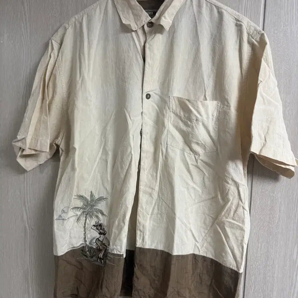[BUNJANG] Tropical Palm Tree Embroidery Color Block Open Collar Aloha Shirt / 트로피컬 팜트리 자수 배색 오픈카라 알로하 셔츠 (아이보리/브라운)