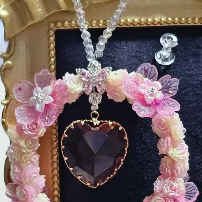 [BUNJANG] Heart Cubic Pink Rose Wreath Charm / 하트 큐빅 핑크 장미리스키링