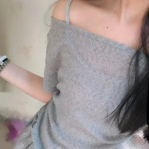 [BUNJANG] Off-Shoulder Knit Sweater - Grey / 오프숄더 니트 그레이
