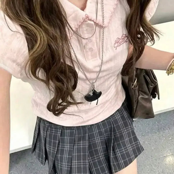 [BUNJANG] Pink Knit Polo T-Shirt / 카라 니트 반팔 핑크