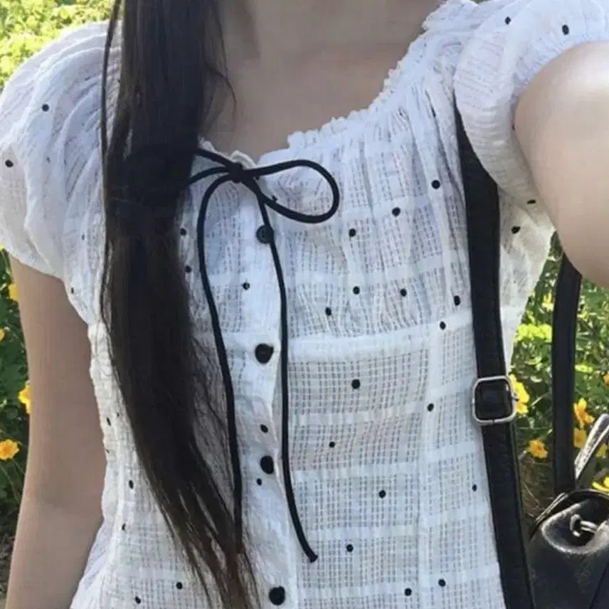 [BUNJANG] Dot Pattern Tie Blouse - Short Sleeve / 도트 끈 블라우스 반팔