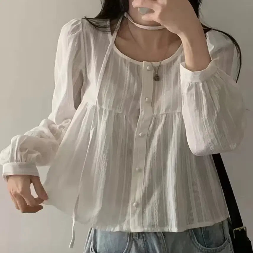 [BUNJANG] White Puff Sleeve Blouse / 새상품) 화이트 퍼프 소매 블라우스