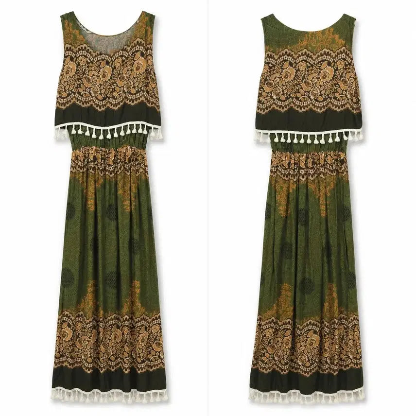 [BUNJANG] Bohemian Style Ethnic Pattern Tassel Detail Maxi Dress / 여S 태슬 장식 보헤미안 스타일 에스닉 패턴 맥시 원피스