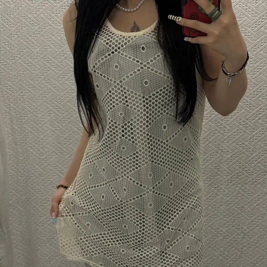 [BUNJANG] Arena Sheer Fit Layered Long Tank Top K0430 / 아레나 펀칭 여리핏 비치룩 여름 레이어드 롱 나시 K0430