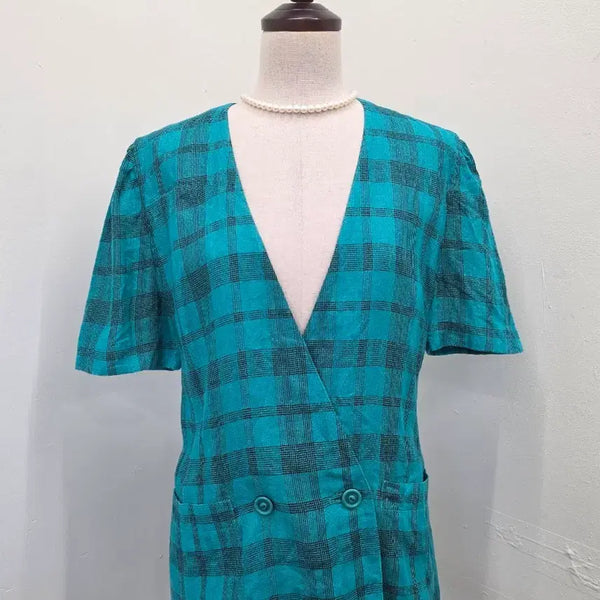 [BUNJANG] Dana Paris 100% Linen Check Short Sleeve Jacket / 다나 파리스 린넨100 체크 반팔 자켓