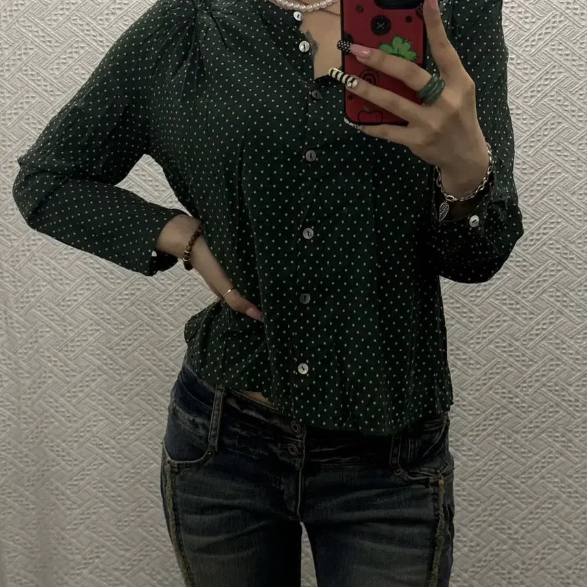 [BUNJANG] Vintage Y2K Retro 00's Kitsch Deep Green Dot Sheer Blouse / 빈티지 Y2K 레트로 00's 키치 딥그린 도트 시어 블라우스 K0431