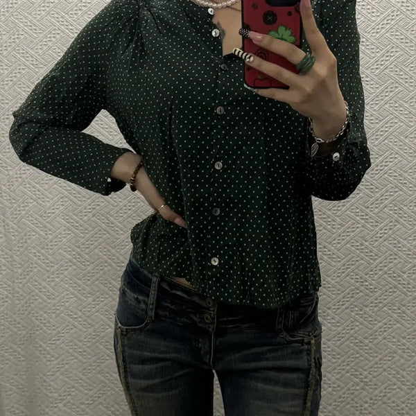 [BUNJANG] Vintage Y2K Retro 00's Kitsch Deep Green Dot Sheer Blouse / 빈티지 Y2K 레트로 00's 키치 딥그린 도트 시어 블라우스 K0431