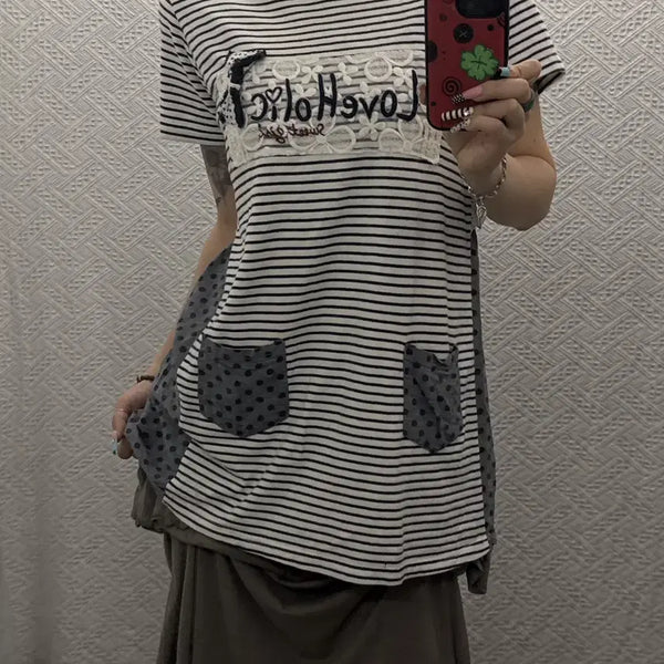 [BUNJANG] Patchwork Lace Ribbon Short Sleeve T-shirt / 키치 도트 스트라이프 패치워크 레이스 리본 반팔티 K0432