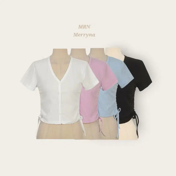 [BUNJANG] MERRYNA Ribbed Shirring String V-Neck Cardigan 4 Colors / [빠른배송] 리본 셔링 스트링 골지 브이 가디건 4color
