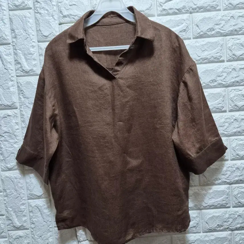 [BUNJANG] Brown 100% Linen Loose Fit Short Sleeve Shirt Size 55 / 브라운 린넨100 루즈핏반팔 셔츠55