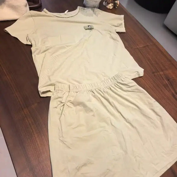 [BUNJANG] Basic Round Neck Short Sleeve Top and Shorts Set - Beige / 기본 라운드넥 반팔 상하의 세트 베이지