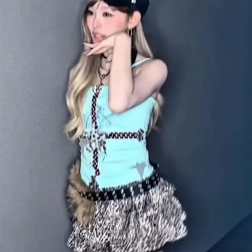[BUNJANG] Rissene Minami Himé Gyaru Leopard Cross Mint Camisole / 리센느 미나미 착용) 히메 갸루 호피 십자가 민트 나시