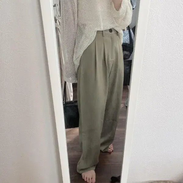 [BUNJANG] Khaki Wide-Leg Cotton Pants / 와이드 팬츠 카키색