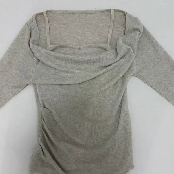[BUNJANG] Ribbed Shirring Square Neck Long Sleeve T-Shirt - Beige / 골지 셔링 스퀘어넥 긴팔 티셔츠 베이지
