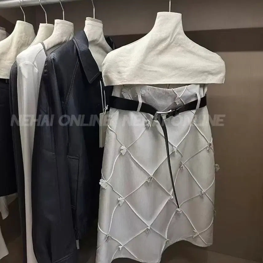 [BUNJANG] 3D Lattice Ribbon Midi Skirt with Belt / 입체 격자 리본 스커트
