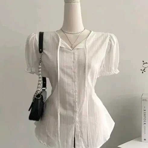 [BUNJANG] White Puff Sleeve Blouse / 화이트 퍼프 소매 블라우스 새거