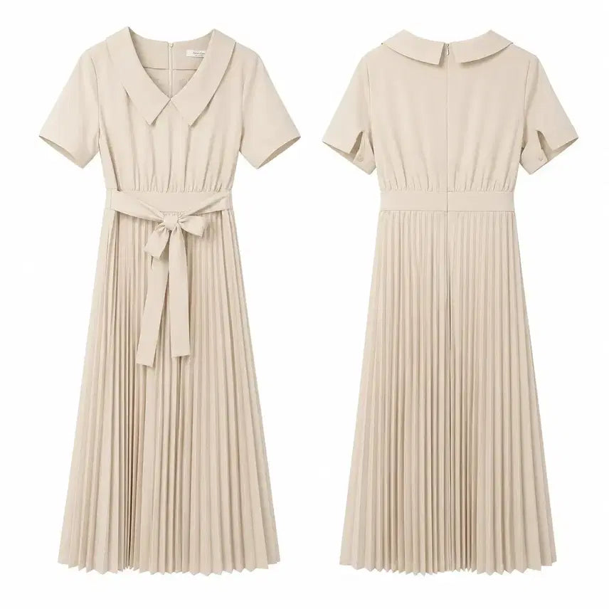 [BUNJANG] Women's Beige Pleated Collar Long Dress / 여M 베이지 플리츠 카라 롱 원피스