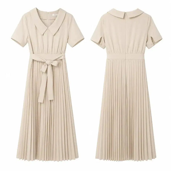 [BUNJANG] Women's Beige Pleated Collar Long Dress / 여M 베이지 플리츠 카라 롱 원피스