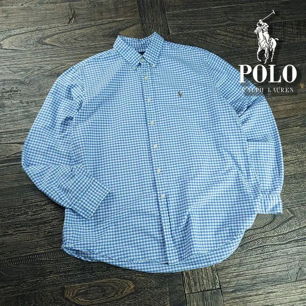 [BUNJANG] Polo Ralph Lauren Pony Logo Embroidered Gingham Check Shirt Sky / 폴로 랄프로렌 포니 로고 자수 깅엄 체크 셔츠 스카이 M21586