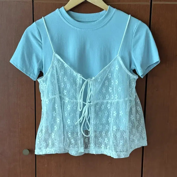 [BUNJANG] White Lace Bustier & Sky Blue Short Sleeve T-Shirt Set / 레이스 뷔스티에 세트