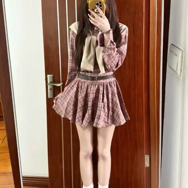 [BUNJANG] Check Pattern Ribbon Blouse and Pleated Skirt Set / 체크 패턴 리본 블라우스 앤 플리츠 스커트