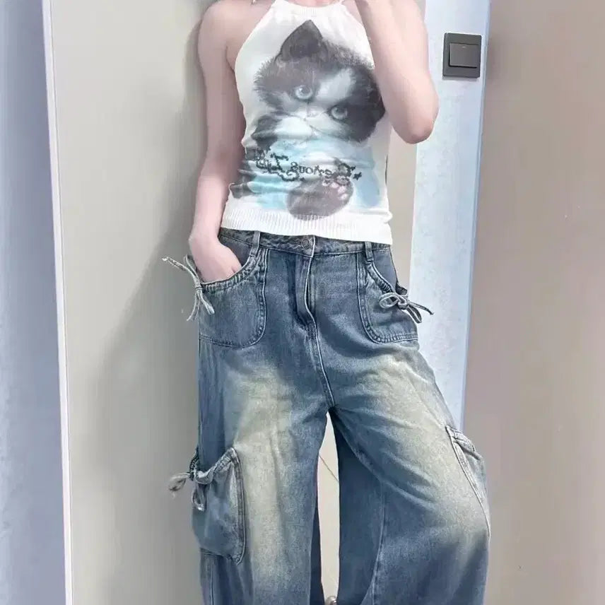 [BUNJANG] Cat Print Sleeveless Top / 고양이 프린팅 민소매 나시