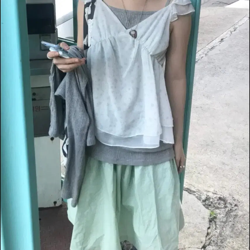 [BUNJANG] Yourbin Coordinate Set Flower Chiffon Blouse Two-way Long Camisole Apple Mint Flare Skirt / 너의빈 코디 세트
