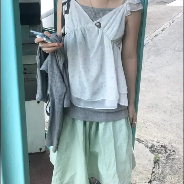 [BUNJANG] Yourbin Coordinate Set Flower Chiffon Blouse Two-way Long Camisole Apple Mint Flare Skirt / 너의빈 코디 세트