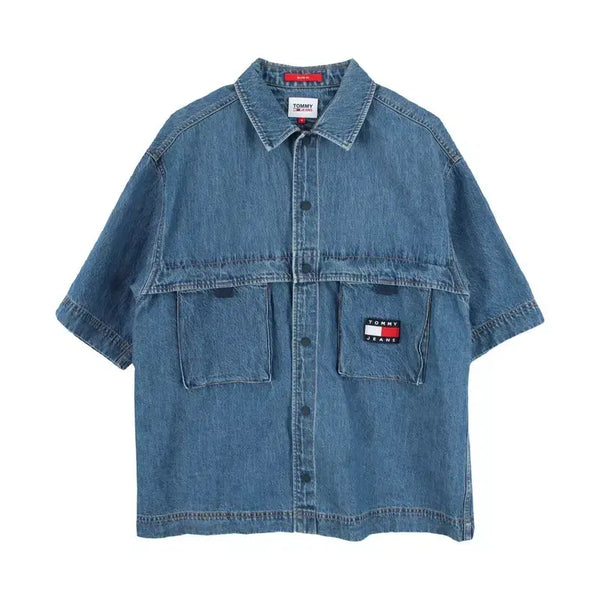 [BUNJANG] Tommy Jeans Men's Cotton Tommy Logo Denim Short Sleeve Shirt / 타미 진스 (MEN - M) 코튼 타미 로고 데님 반팔 셔츠