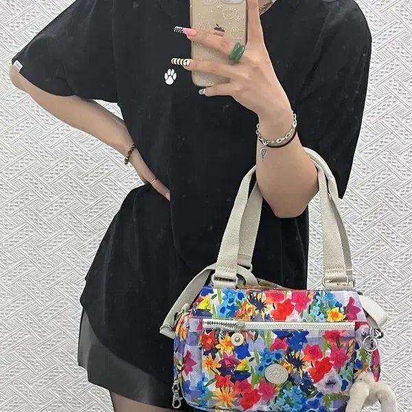 [BUNJANG] Kipling Kich Hawaiian Flower Pattern Keyring Shoulder Tote Bag / 키플링 키치 하와이안 플라워패턴 키링 숄더 토트백 C13008