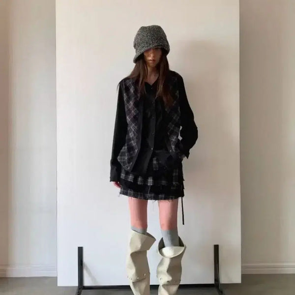 [BUNJANG] Checkered Vest, Mini Skirt, and Hat Set / 체크무늬 조끼 + 미니스커트 + 모자 세트