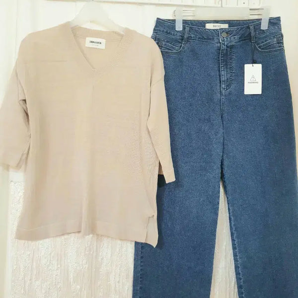 [BUNJANG] Linen Knit Top & Wide Denim Pants Set / (셋업) 린넨 니트티베이지, 와이드 데님