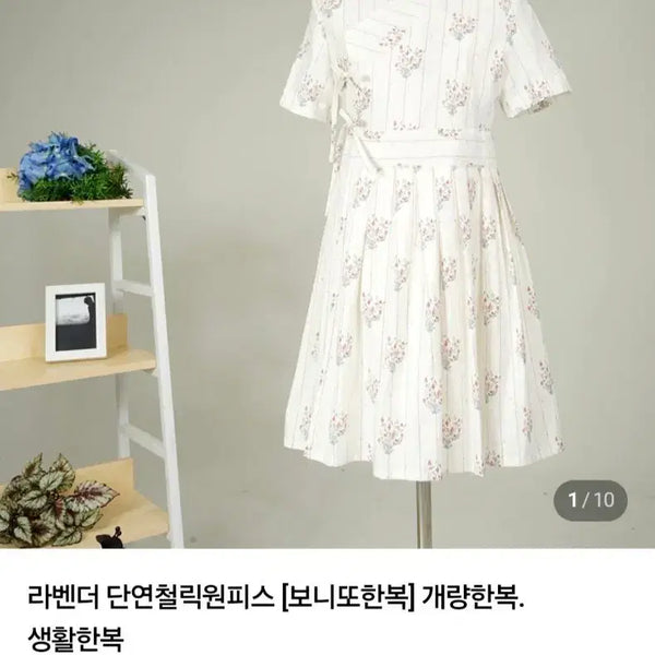 [BUNJANG] Korean Traditional Hanbok Jeogori Dress - White Floral Stripe / 한복 철릭원피스