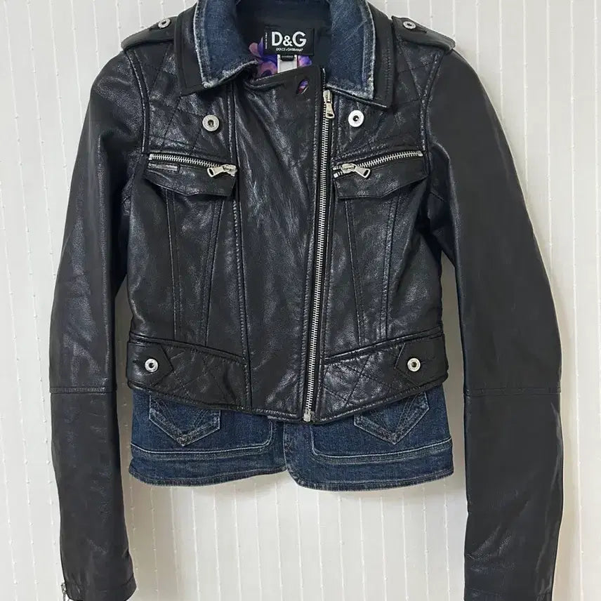 [BUNJANG] Dolce & Gabbana Denim Layered Biker Leather Jacket / 돌체앤가바나 데님 레이어드 바이커 가죽자켓 38