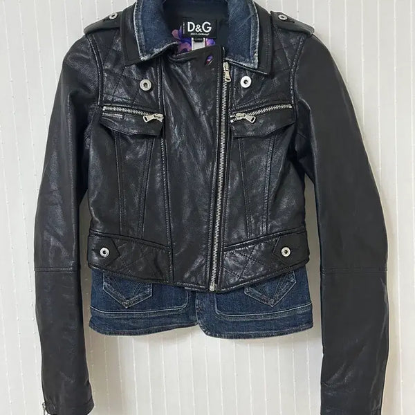[BUNJANG] Dolce & Gabbana Denim Layered Biker Leather Jacket / 돌체앤가바나 데님 레이어드 바이커 가죽자켓 38