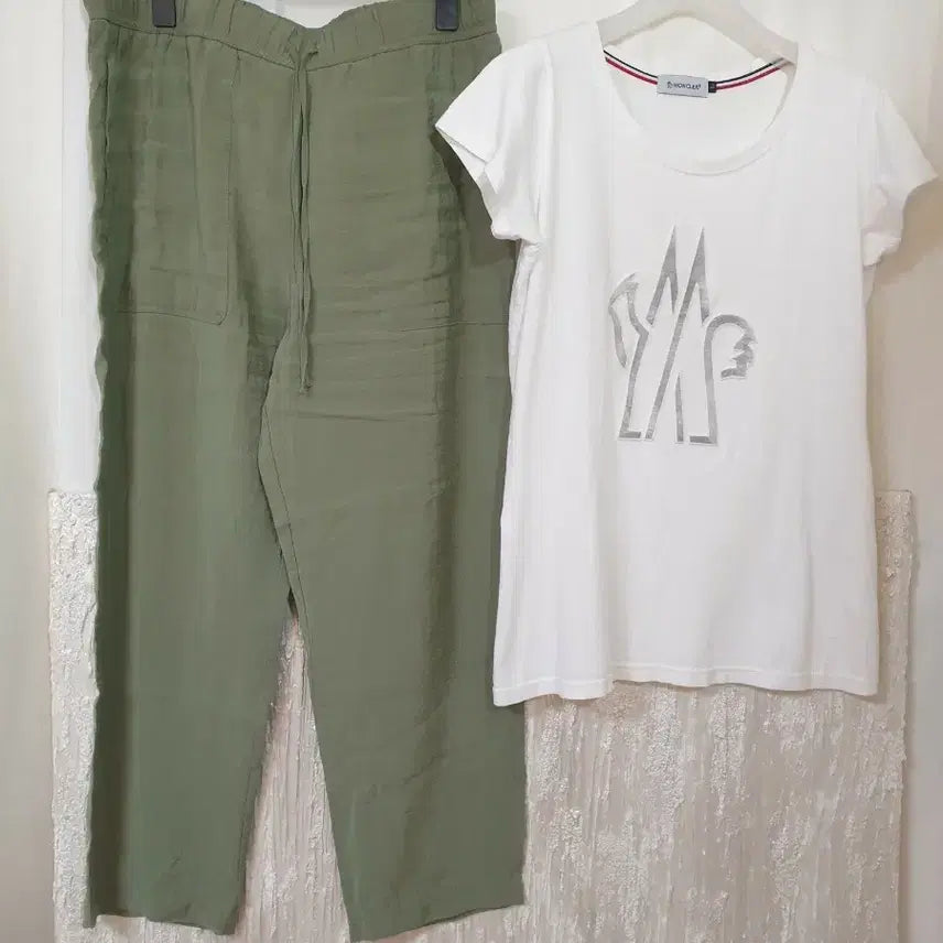 [BUNJANG] Moncler White T-Shirt and Modal Cargo Pants Set / (2종셋업)몽클화이트반팔티, 시원한 모달밴딩바지