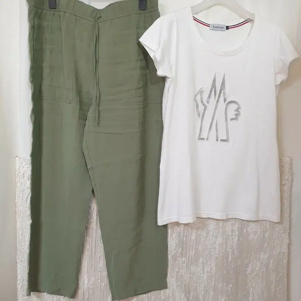 [BUNJANG] Moncler White T-Shirt and Modal Cargo Pants Set / (2종셋업)몽클화이트반팔티, 시원한 모달밴딩바지