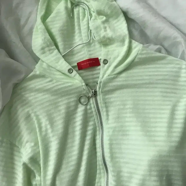 [BUNJANG] Vintage Mint Striped Zip-Up Hoodie / 빈티지 민트 후드집업 슬림핏 루즈핏 스트라이프 여름후드집업