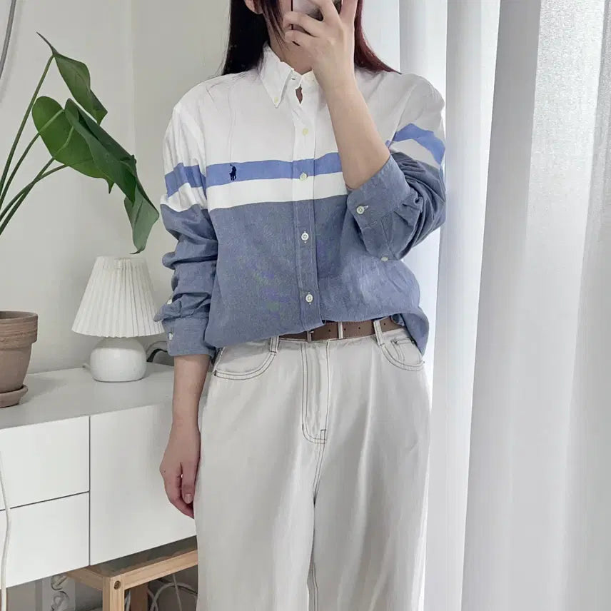 [BUNJANG] Polo Ralph Lauren Colorblock Striped Button-Down Shirt - Medium / 폴로 화이트 / 네이비포니 배색 단가라 셔츠 [ M ]