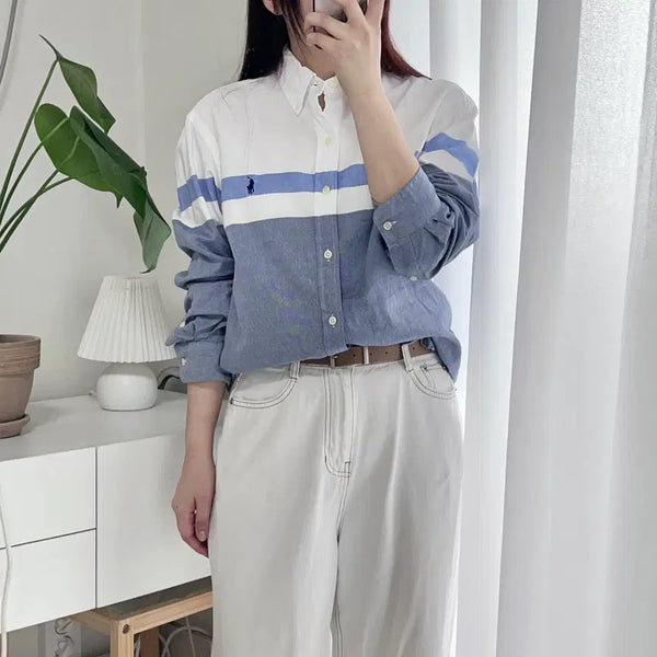[BUNJANG] Polo Ralph Lauren Colorblock Striped Button-Down Shirt - Medium / 폴로 화이트 / 네이비포니 배색 단가라 셔츠 [ M ]