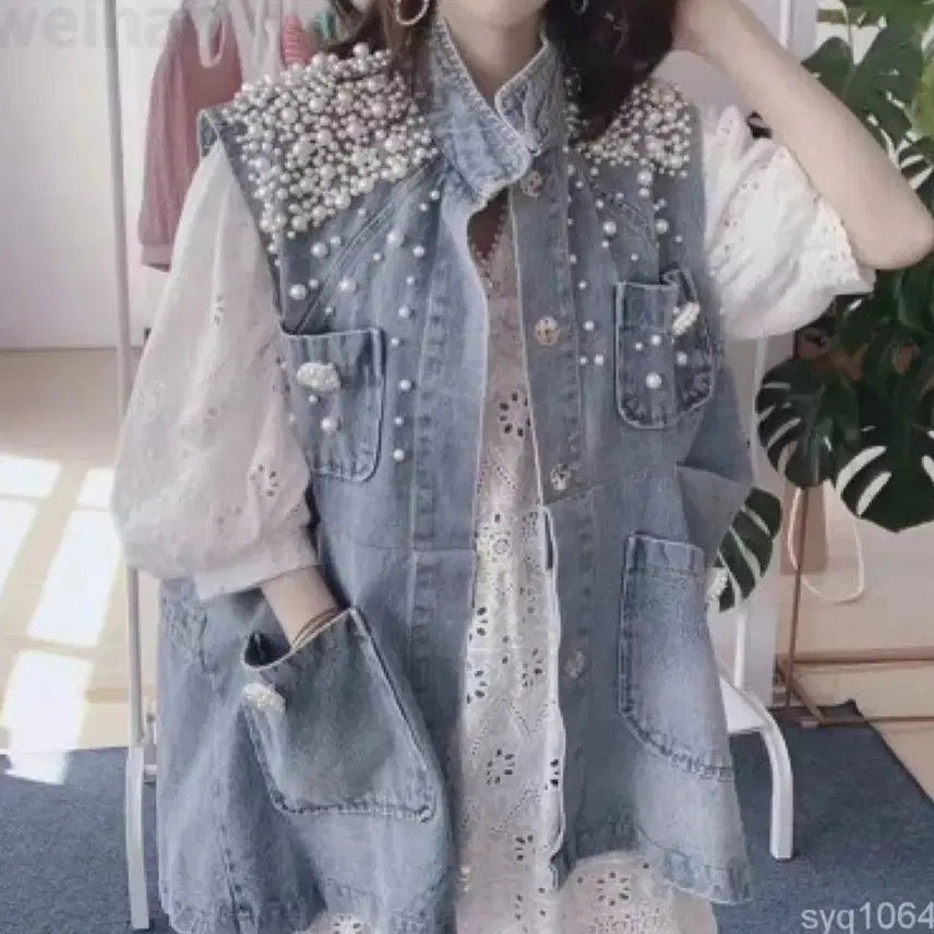 [BUNJANG] Denim Vest with Pearl Embellishments / 데님 베스트 청조끼