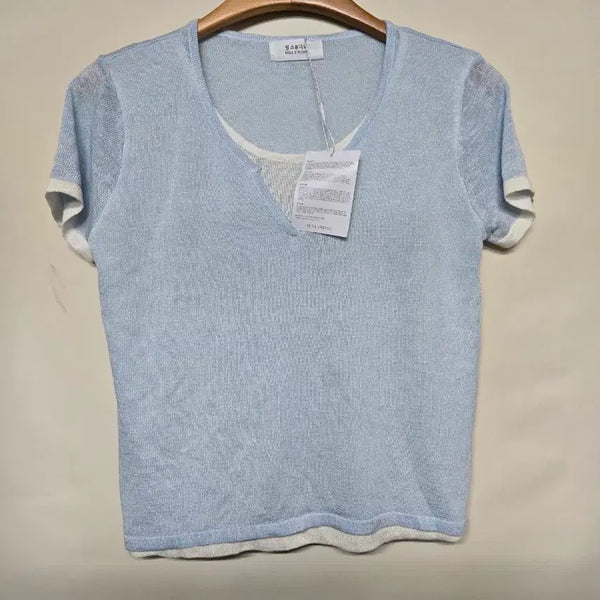 [BUNJANG] Millstudio Blue V-Neck Knit Short Sleeve T-Shirt / 새제품)밀스튜디오 블루 브이넥 니트 반팔티 free