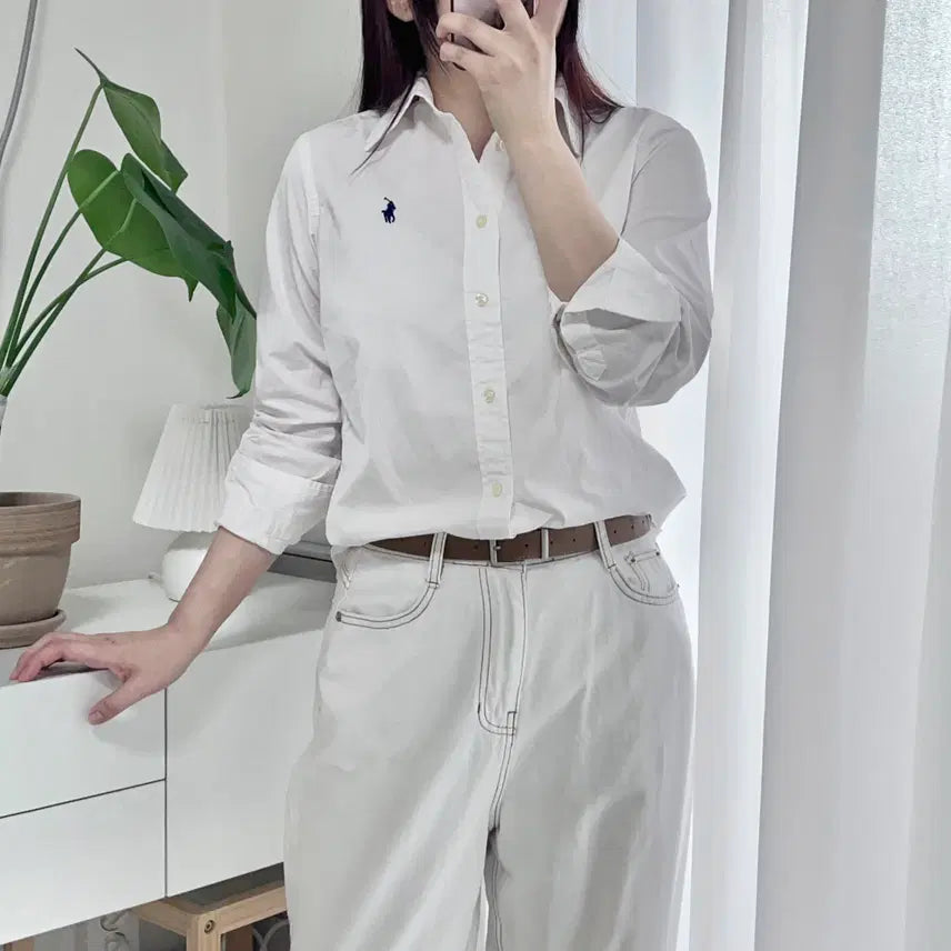 [BUNJANG] Polo Ralph Lauren White Navy Pony Logo Oxford Shirt / 폴로 화이트 / 네이비포니 셔츠 [ 0 ]